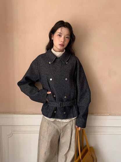 Dorydory Vintage Washed Linen Denim Double Breasted Cropped Jacket