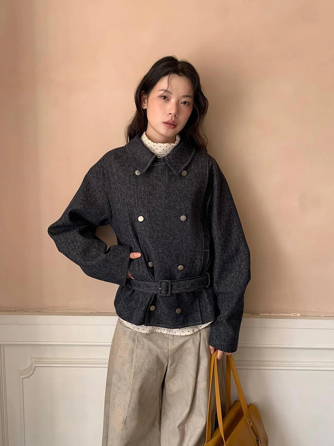 Vintage Washed Linen Denim Double Breasted Cropped Jacket