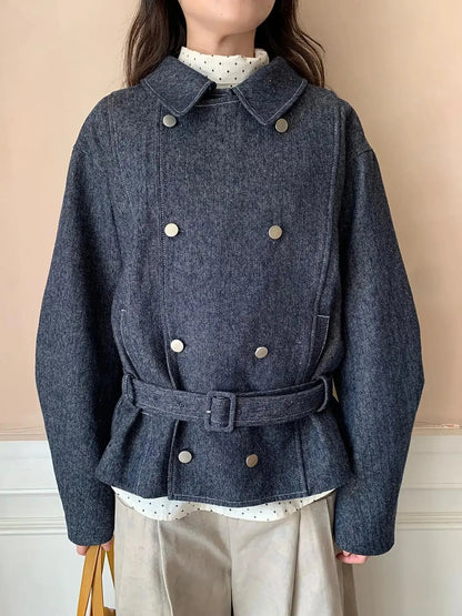 Vintage Washed Linen Denim Double Breasted Cropped Jacket