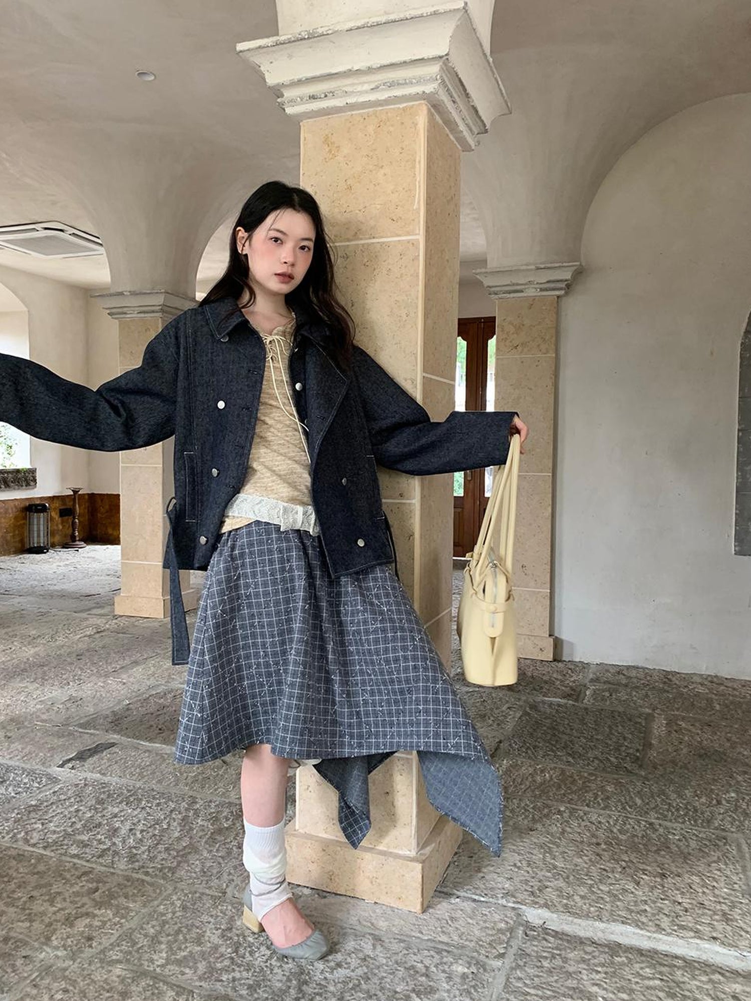 Dorydory Vintage Washed Linen Denim Double Breasted Cropped Jacket
