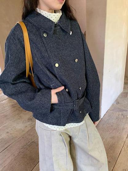 Vintage Washed Linen Denim Double Breasted Cropped Jacket