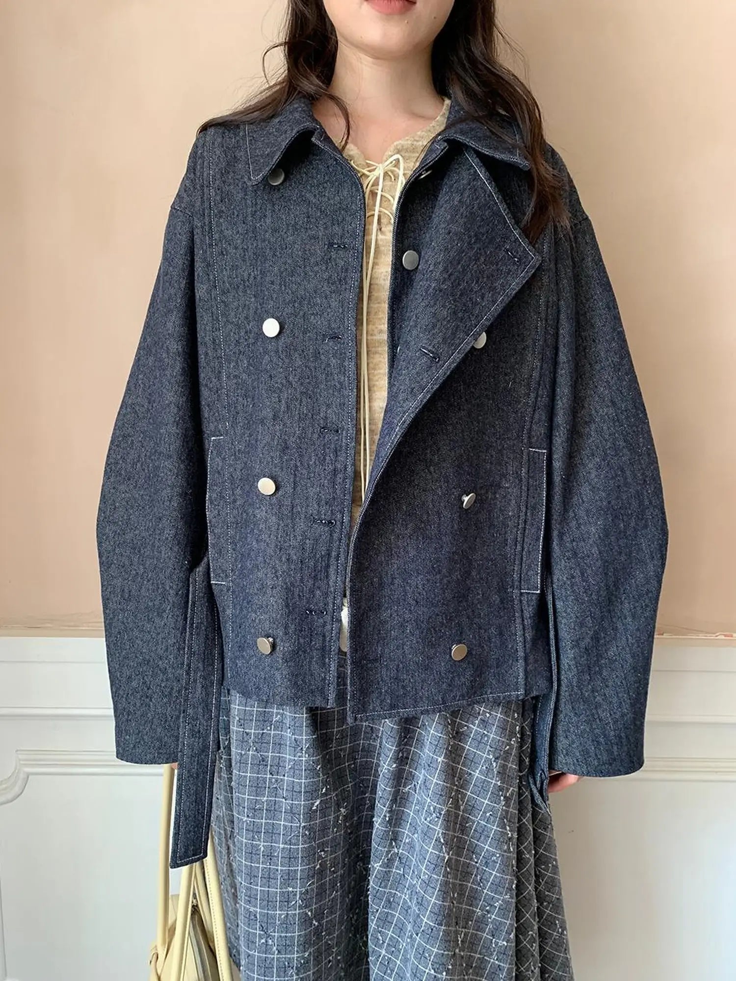 Vintage Washed Linen Denim Double Breasted Cropped Jacket