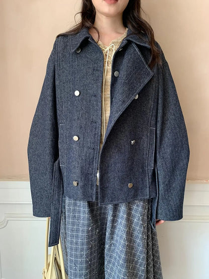 Vintage Washed Linen Denim Double Breasted Cropped Jacket