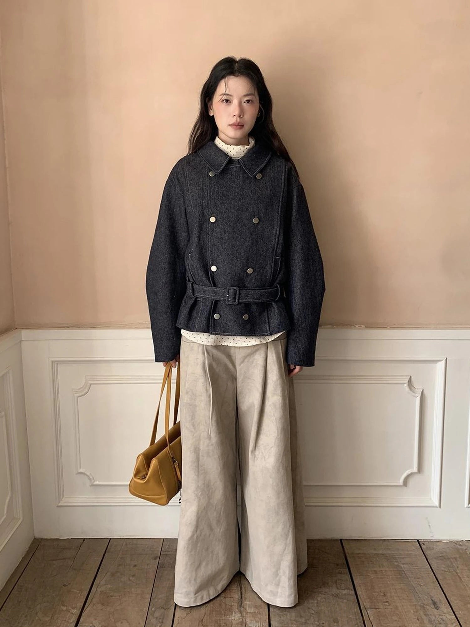 Vintage Washed Linen Denim Double Breasted Cropped Jacket