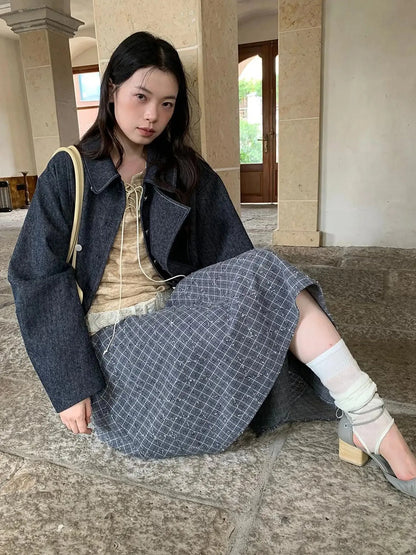 Vintage Washed Linen Denim Double Breasted Cropped Jacket