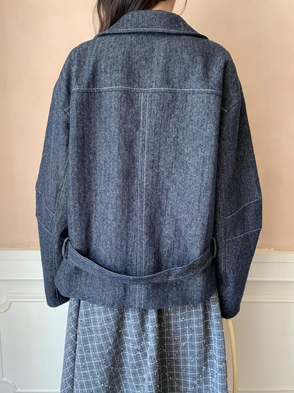 Dorydory Vintage Washed Linen Denim Double Breasted Cropped Jacket
