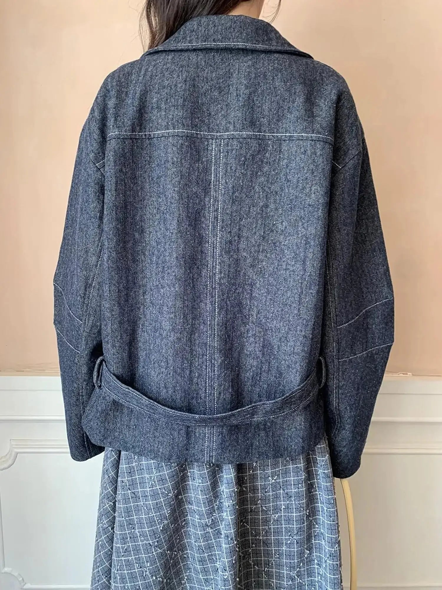 Vintage Washed Linen Denim Double Breasted Cropped Jacket