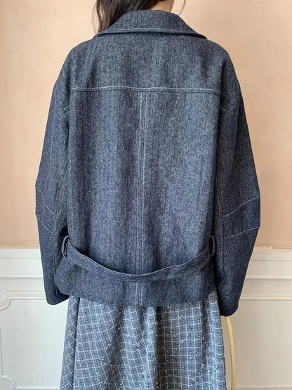 Vintage Washed Linen Denim Double Breasted Cropped Jacket
