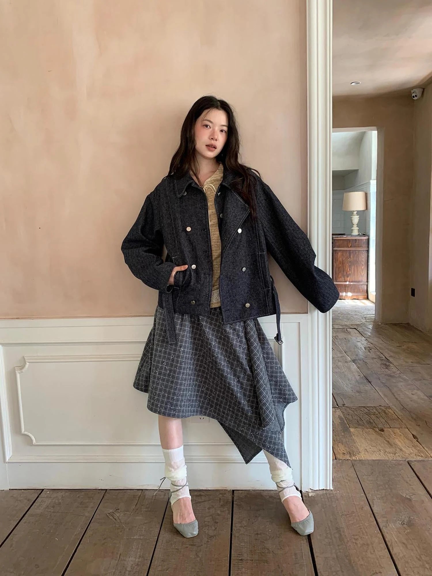 Vintage Washed Linen Denim Double Breasted Cropped Jacket