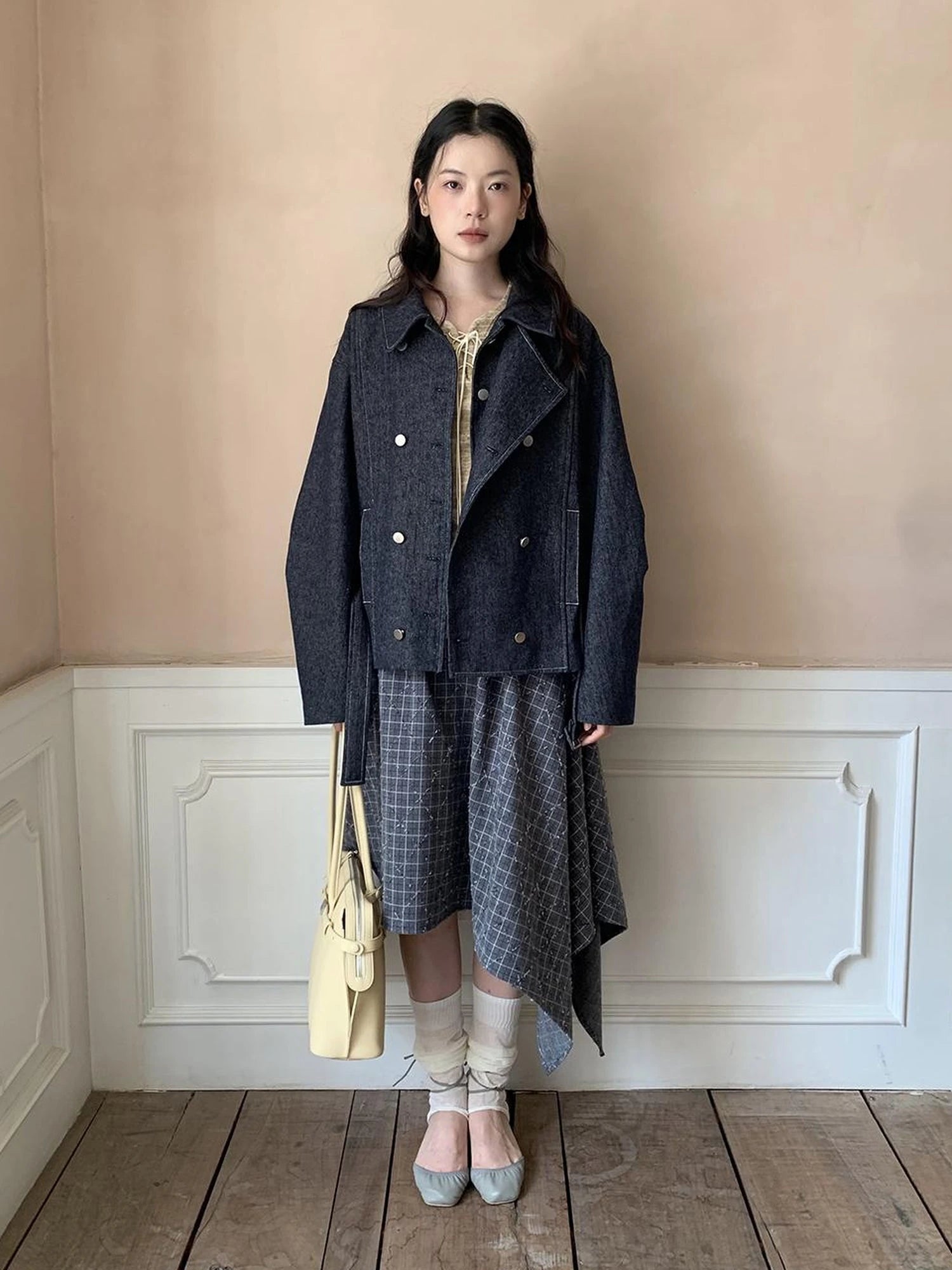 Vintage Washed Linen Denim Double Breasted Cropped Jacket