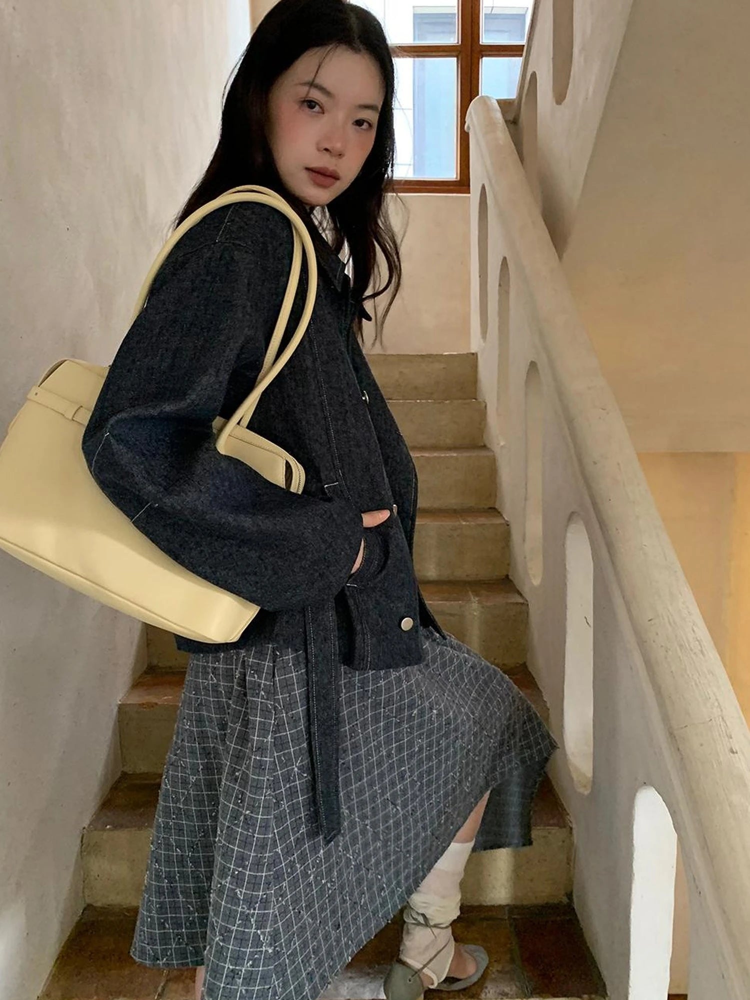 Vintage Washed Linen Denim Double Breasted Cropped Jacket