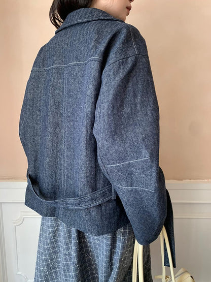 Dorydory Vintage Washed Linen Denim Double Breasted Cropped Jacket