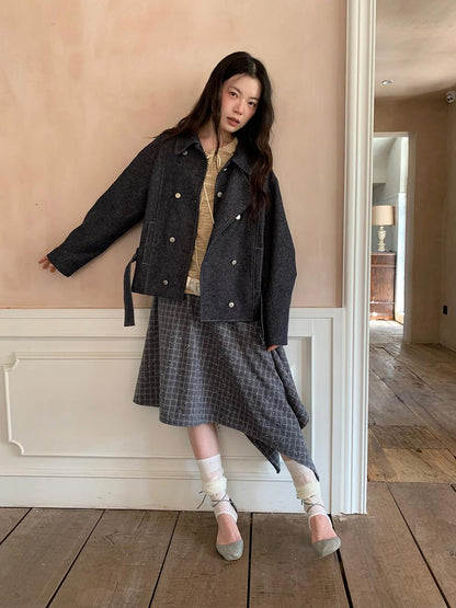 Vintage Washed Linen Denim Double Breasted Cropped Jacket