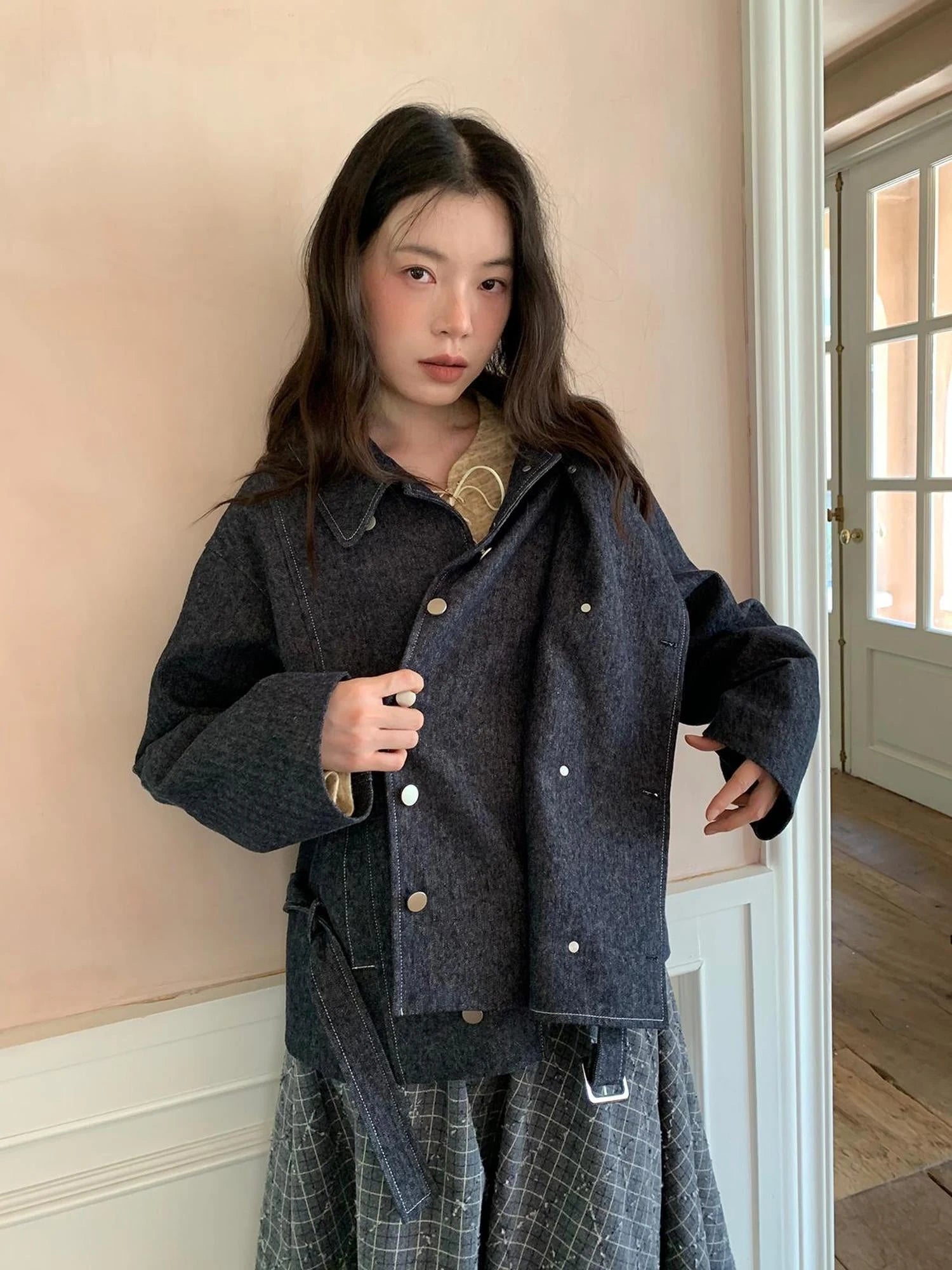 Vintage Washed Linen Denim Double Breasted Cropped Jacket