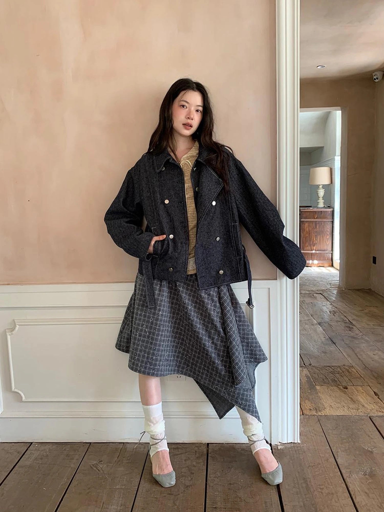 Vintage Washed Linen Denim Double Breasted Cropped Jacket