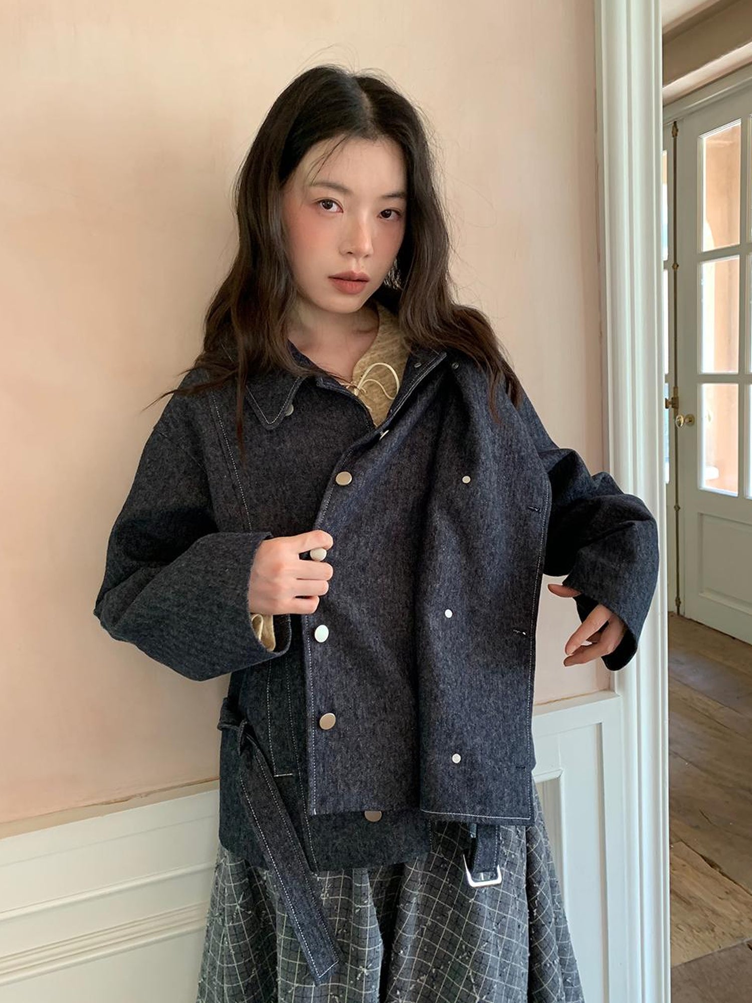 Dorydory Vintage Washed Linen Denim Double Breasted Cropped Jacket