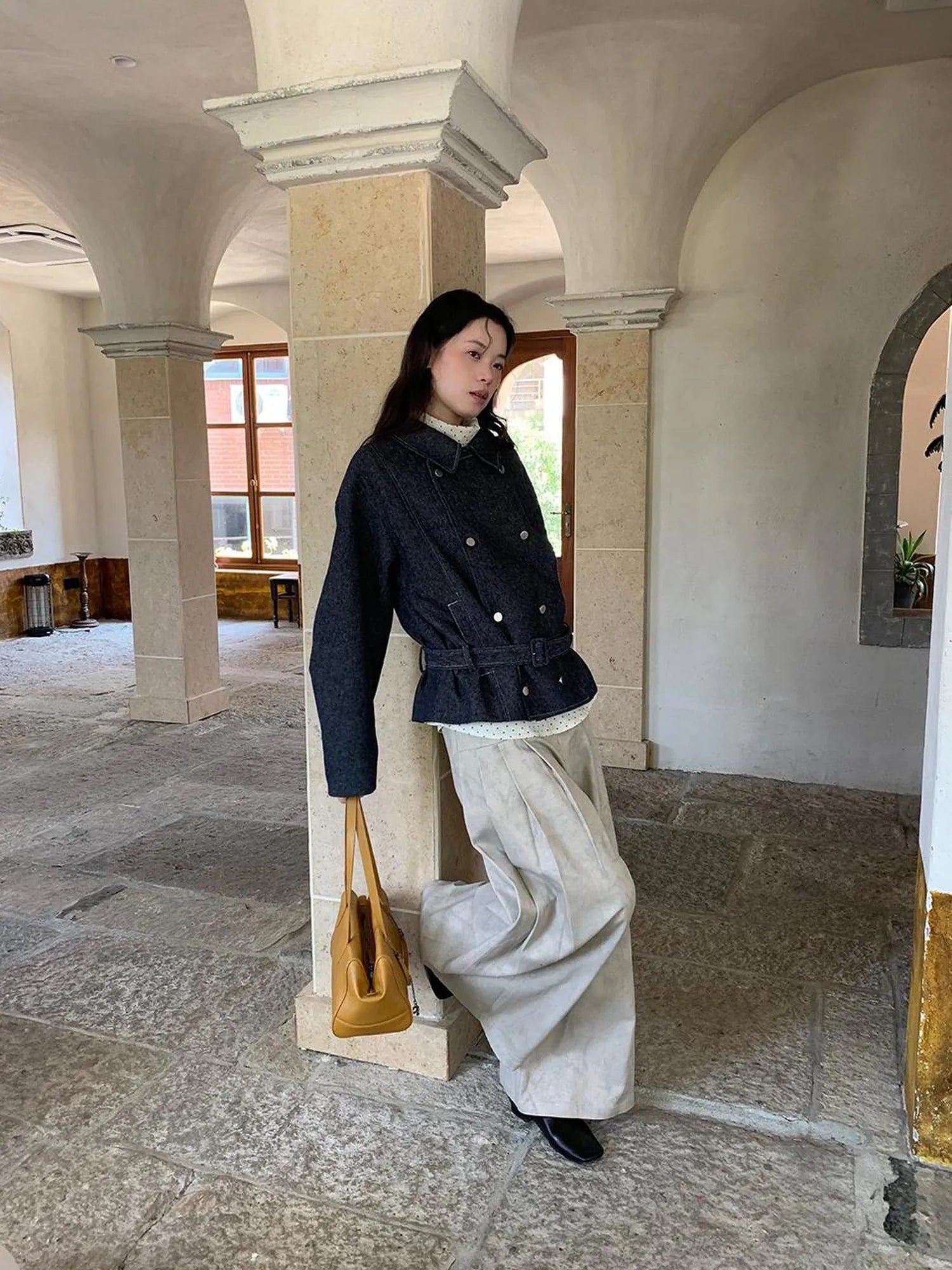 Vintage Washed Linen Denim Double Breasted Cropped Jacket