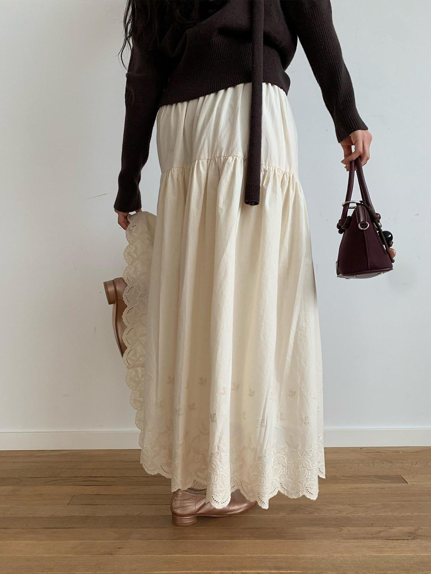 Dorydory Wavy Hem Embroidered Patchwork A Line High Waist Women&