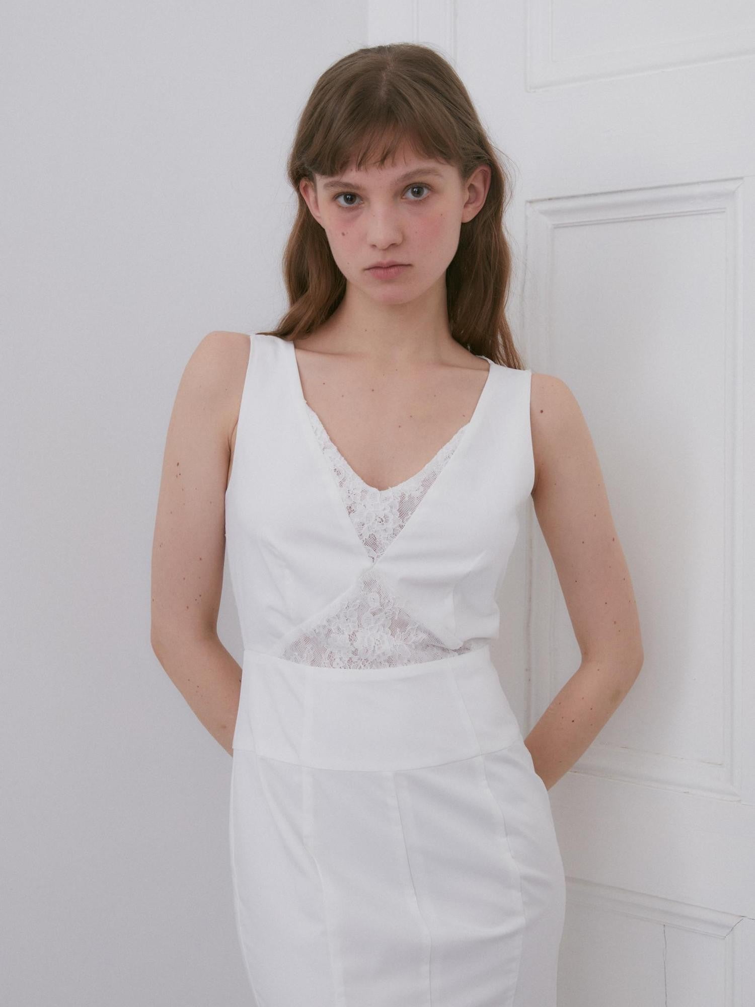 Dorydory White Lace V-neck Slim Sleeveless Women&
