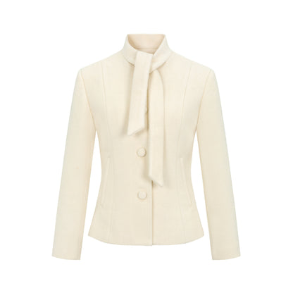 Dorydory_White_Petite_Scarf_Tie_Collar_Notch_Lapel_Cinched_Waist_Women&