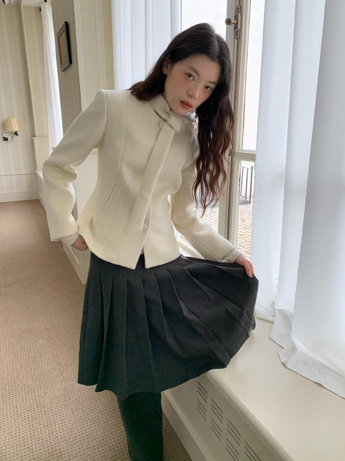Dorydory White Petite Scarf Tie Collar Notch Lapel Cinched Waist Women&
