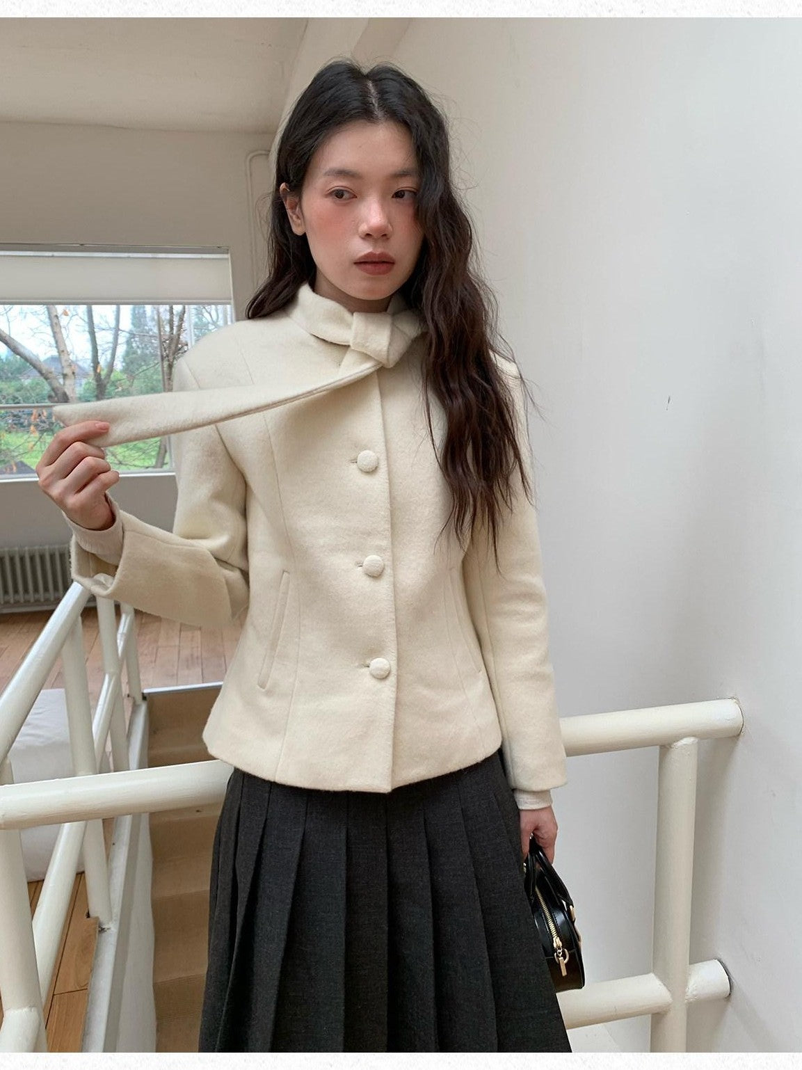 Dorydory White Petite Scarf Tie Collar Notch Lapel Cinched Waist Women&
