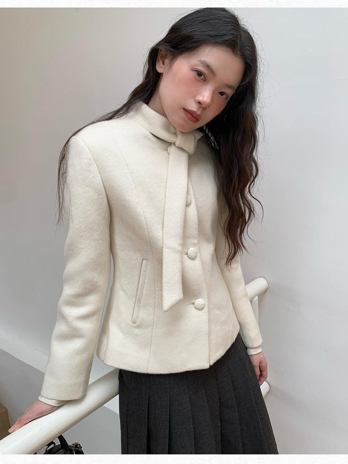 Dorydory White Petite Scarf Tie Collar Notch Lapel Cinched Waist Women&
