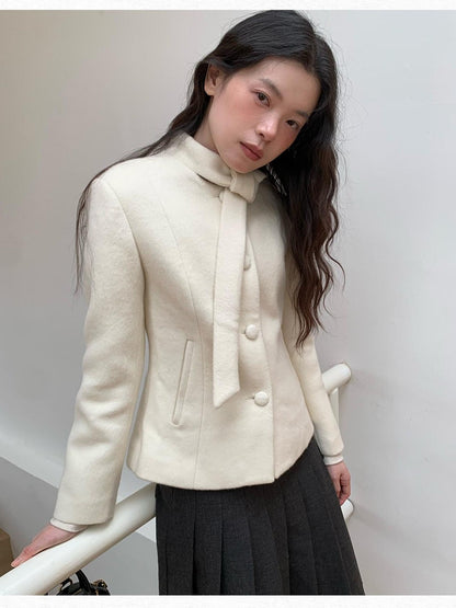 Dorydory White Petite Scarf Tie Collar Notch Lapel Cinched Waist Women&