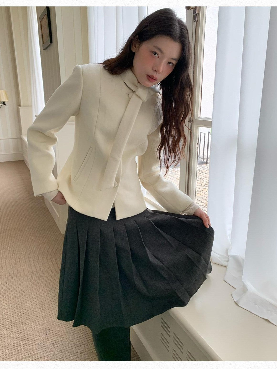 Dorydory White Petite Scarf Tie Collar Notch Lapel Cinched Waist Women&