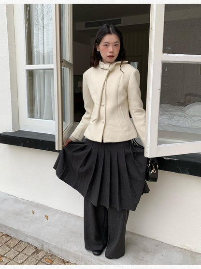 Dorydory White Petite Scarf Tie Collar Notch Lapel Cinched Waist Women&