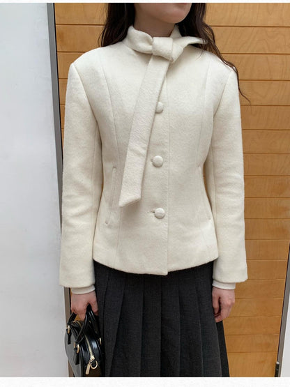 Dorydory White Petite Scarf Tie Collar Notch Lapel Cinched Waist Women&