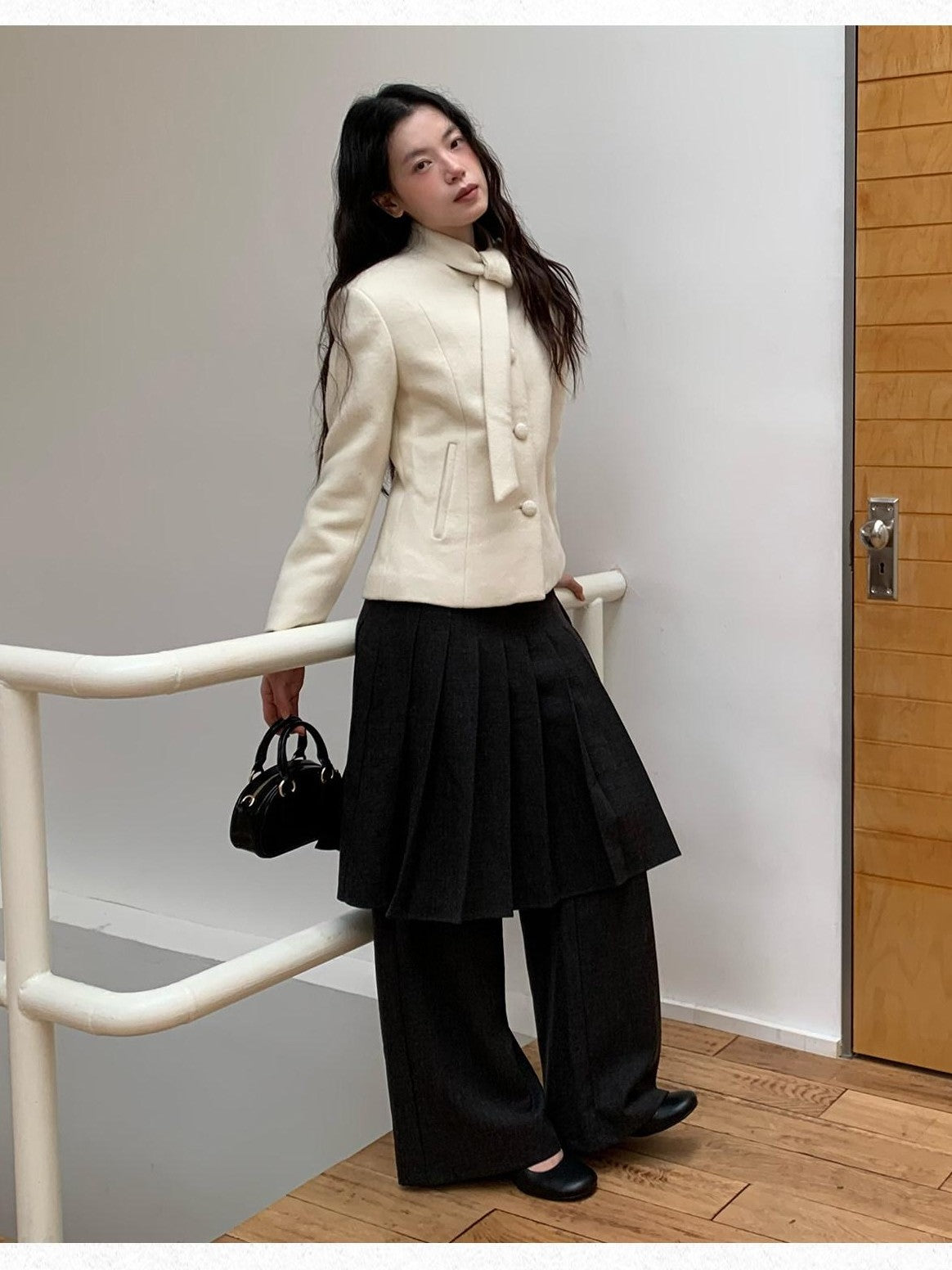 Dorydory White Petite Scarf Tie Collar Notch Lapel Cinched Waist Women&