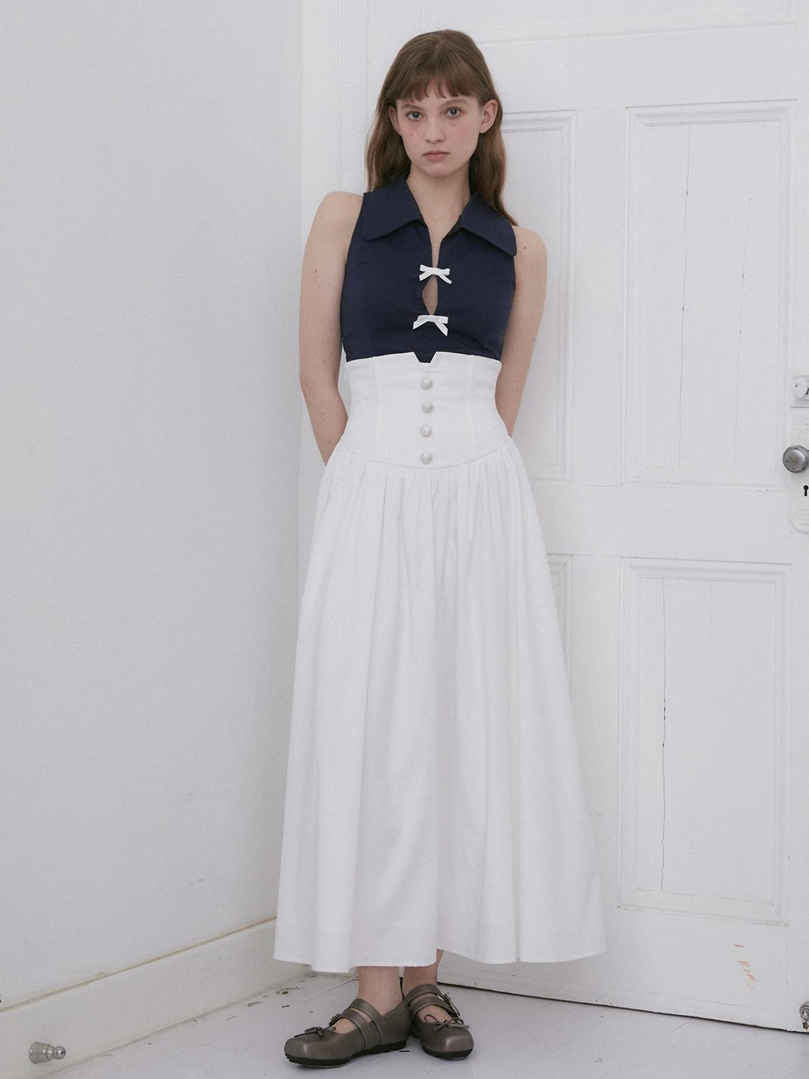 Dorydory White Ruched Pleated High Waist A Line Women&