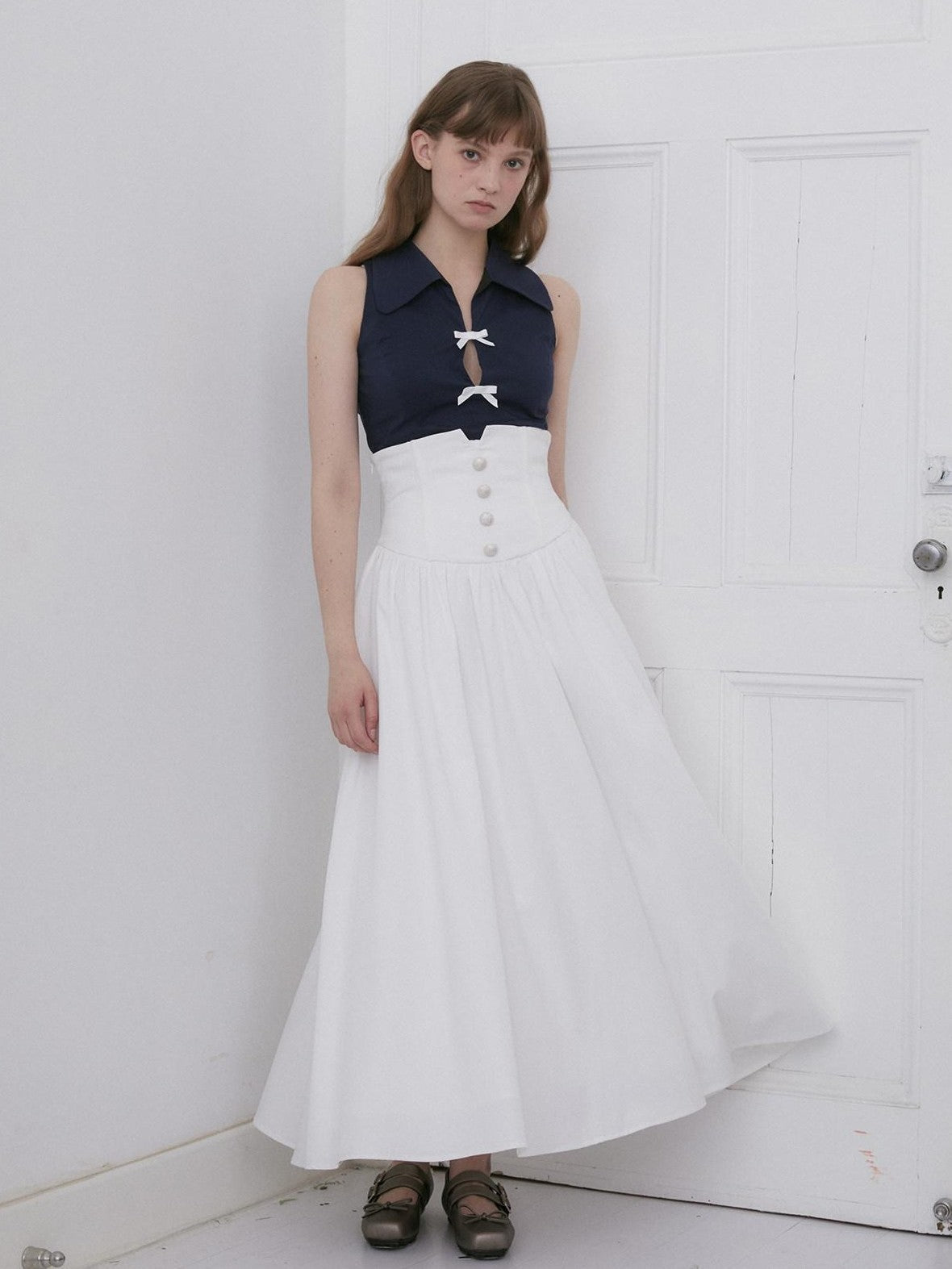 Dorydory White Ruched Pleated High Waist A Line Women&
