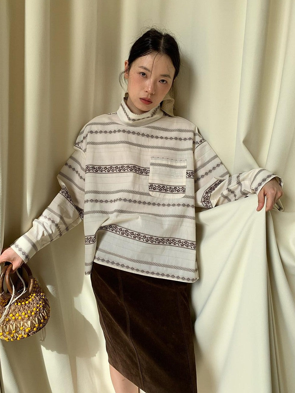 Dorydory Yarn Dyed Jacquard Stripe Stand Collar Women&