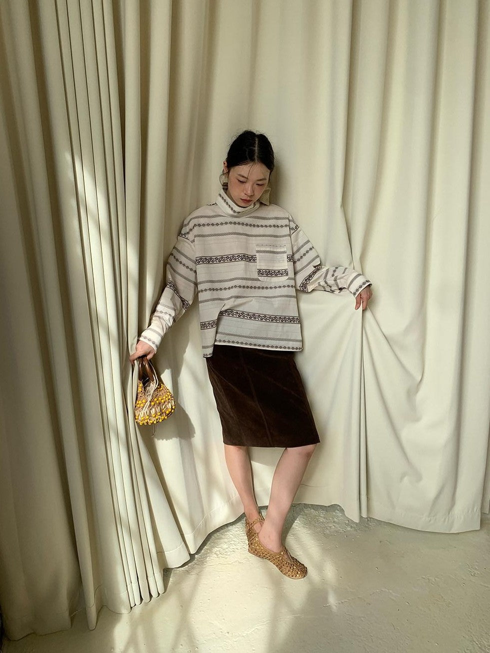 Dorydory Yarn Dyed Jacquard Stripe Stand Collar Women&