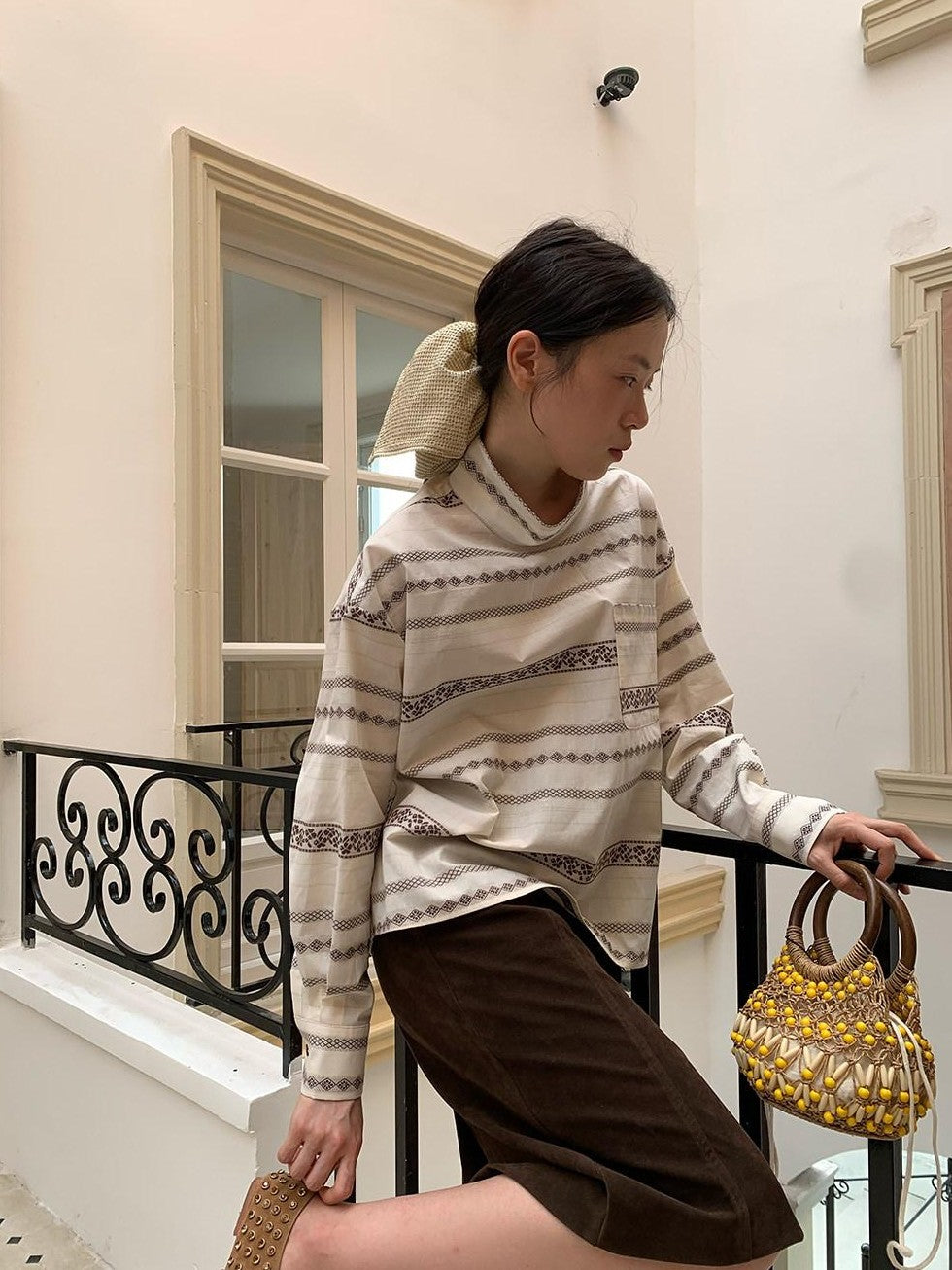 Dorydory Yarn Dyed Jacquard Stripe Stand Collar Women&