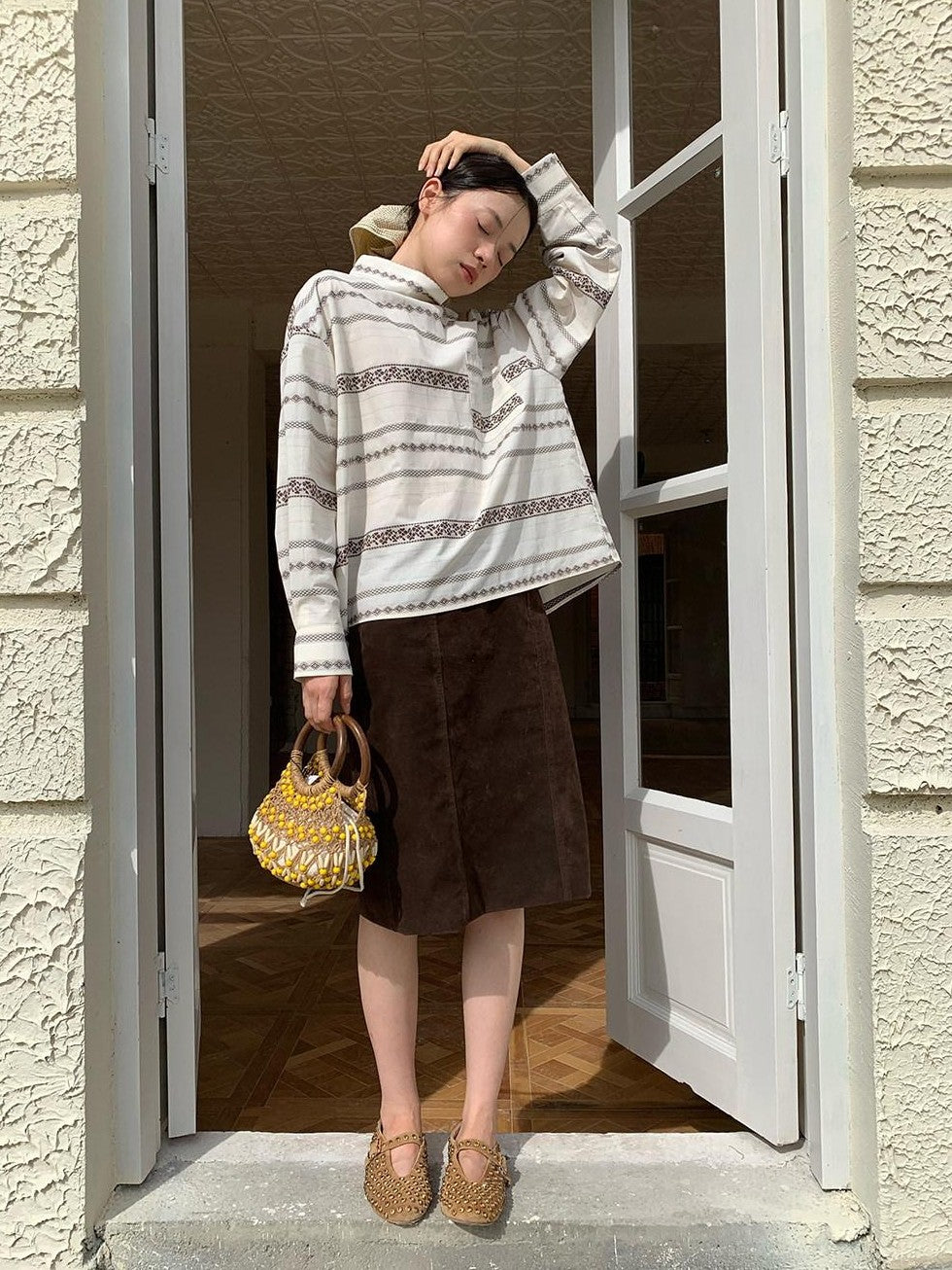 Dorydory Yarn Dyed Jacquard Stripe Stand Collar Women&