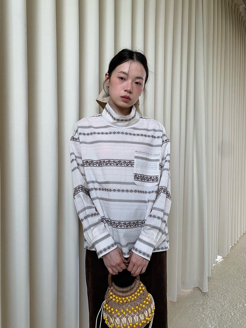 Dorydory Yarn Dyed Jacquard Stripe Stand Collar Women&