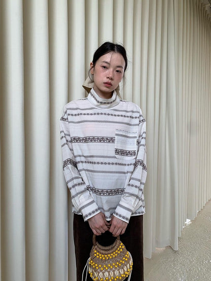 Dorydory Yarn Dyed Jacquard Stripe Stand Collar Women&
