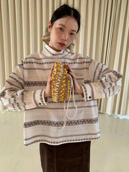 Dorydory Yarn Dyed Jacquard Stripe Stand Collar Women&