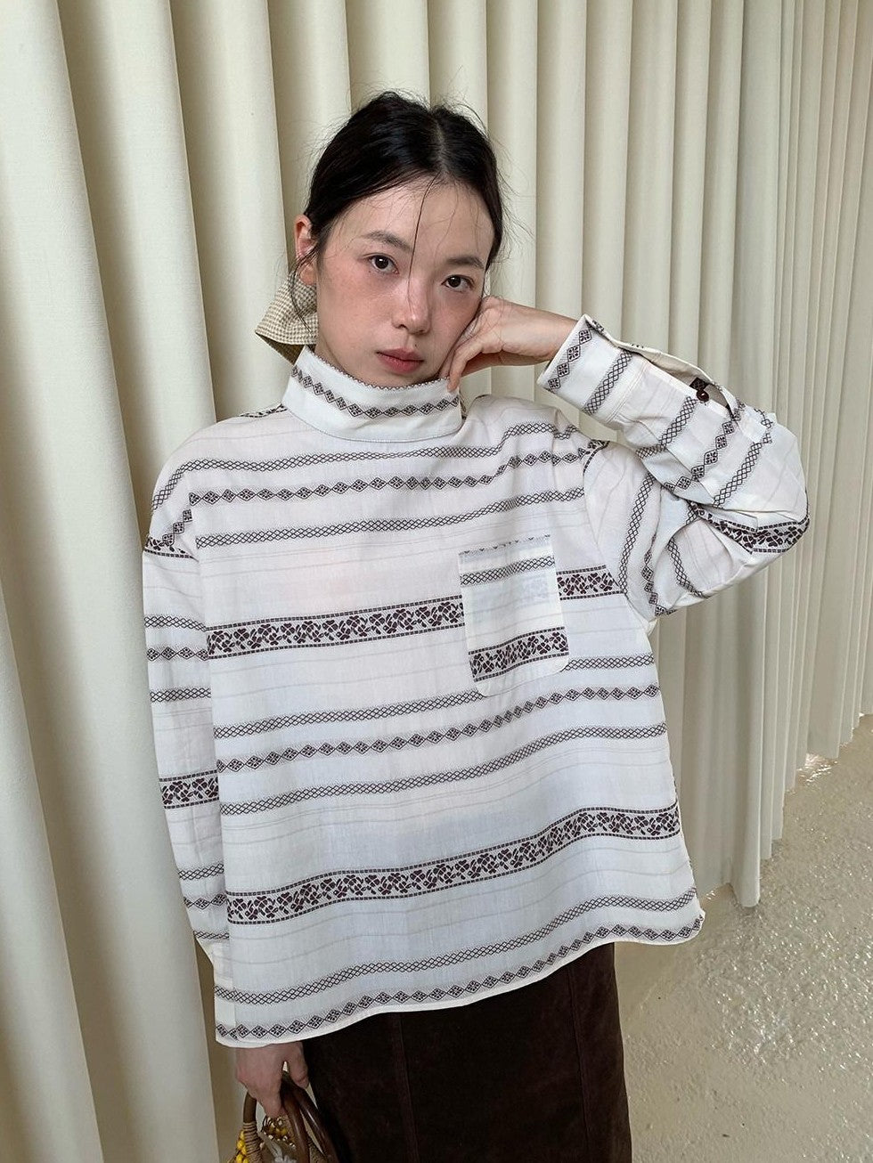 Dorydory Yarn Dyed Jacquard Stripe Stand Collar Women&