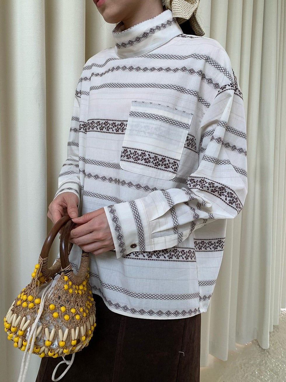 Dorydory Yarn Dyed Jacquard Stripe Stand Collar Women&
