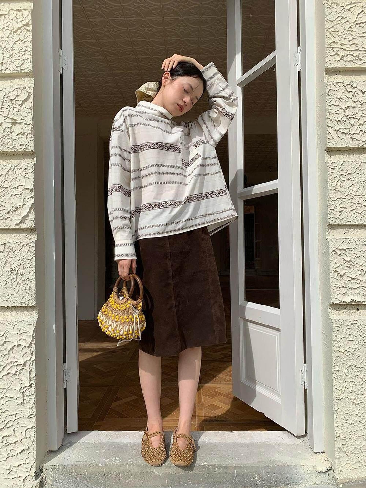Dorydory Yarn Dyed Jacquard Stripe Stand Collar Women&