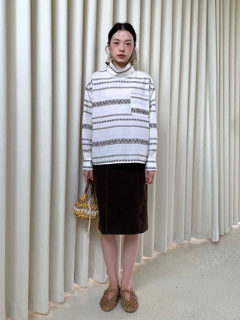 Dorydory Yarn Dyed Jacquard Stripe Stand Collar Women&