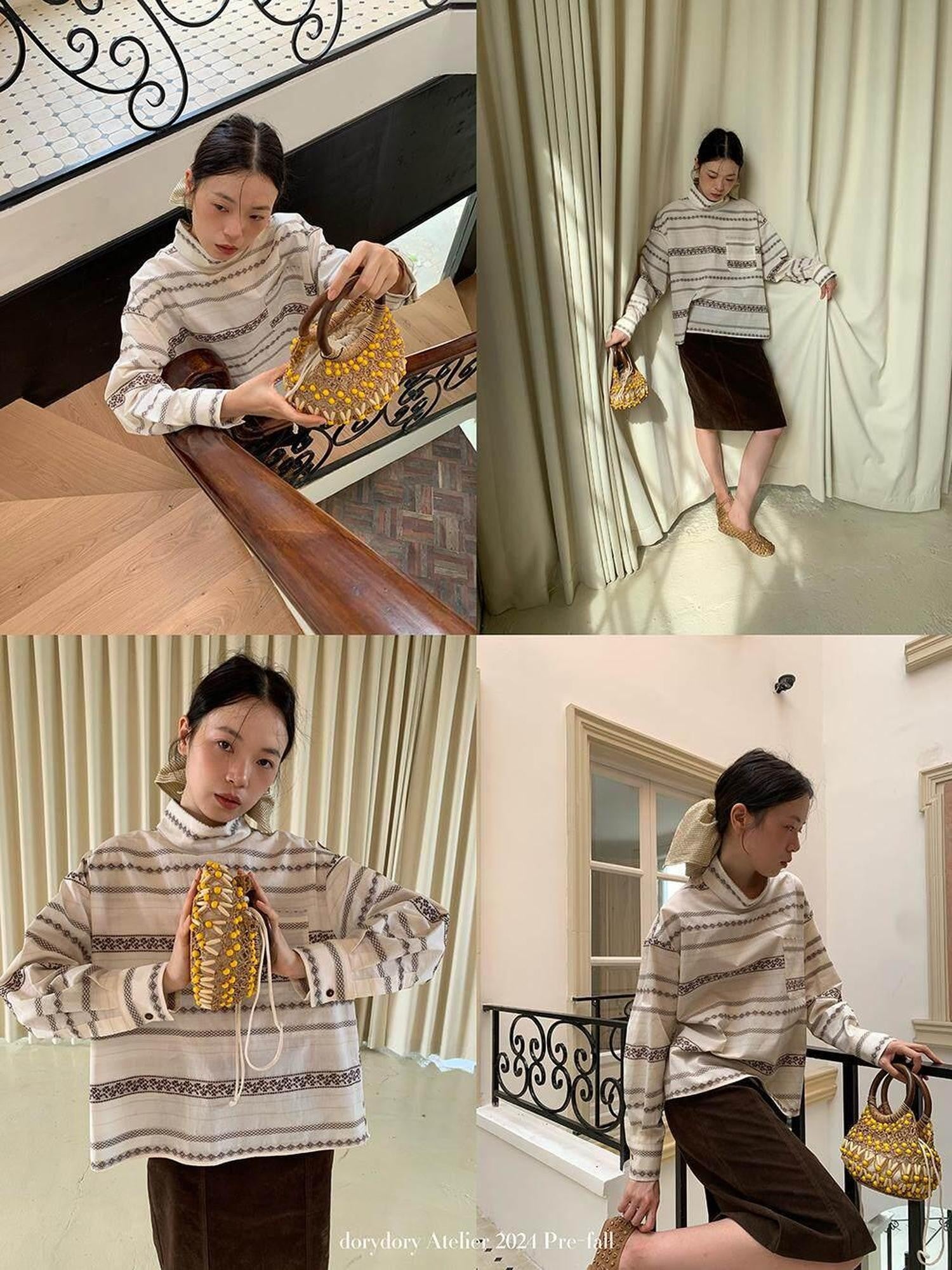 Dorydory Yarn Dyed Jacquard Stripe Stand Collar Women&