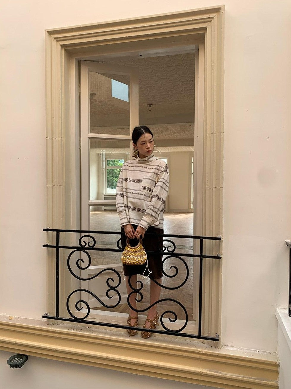 Dorydory Yarn Dyed Jacquard Stripe Stand Collar Women&