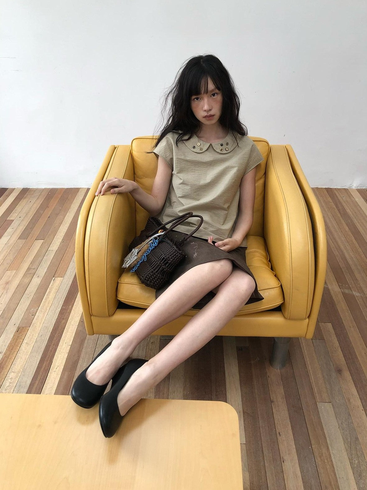 Dorydory Yellow Green Peter Pan Collar Button Raglan Women&