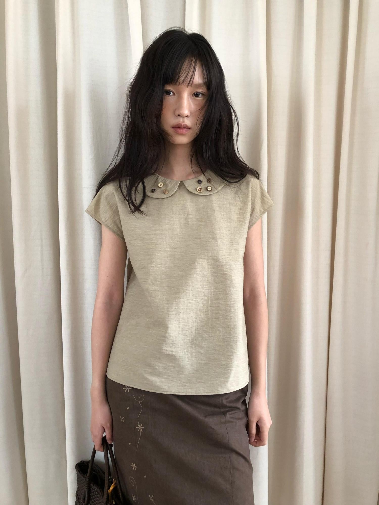 Dorydory Yellow Green Peter Pan Collar Button Raglan Women&