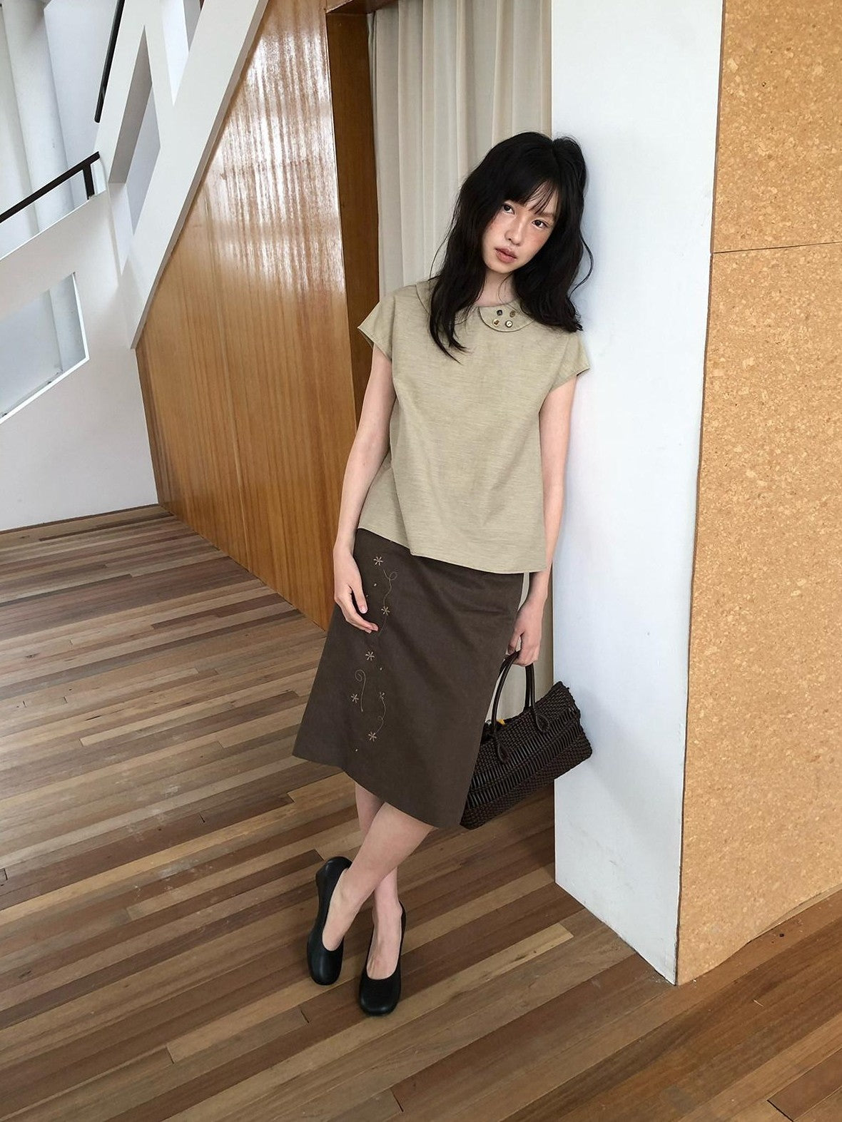 Dorydory Yellow Green Peter Pan Collar Button Raglan Women&
